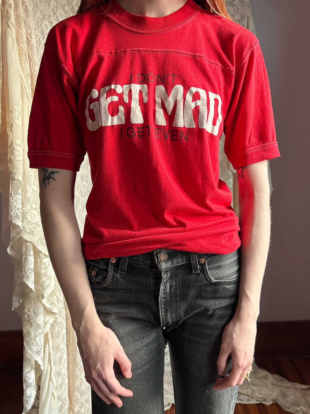 1970s “I don’t get mad I get even” T Shirt Tee Red