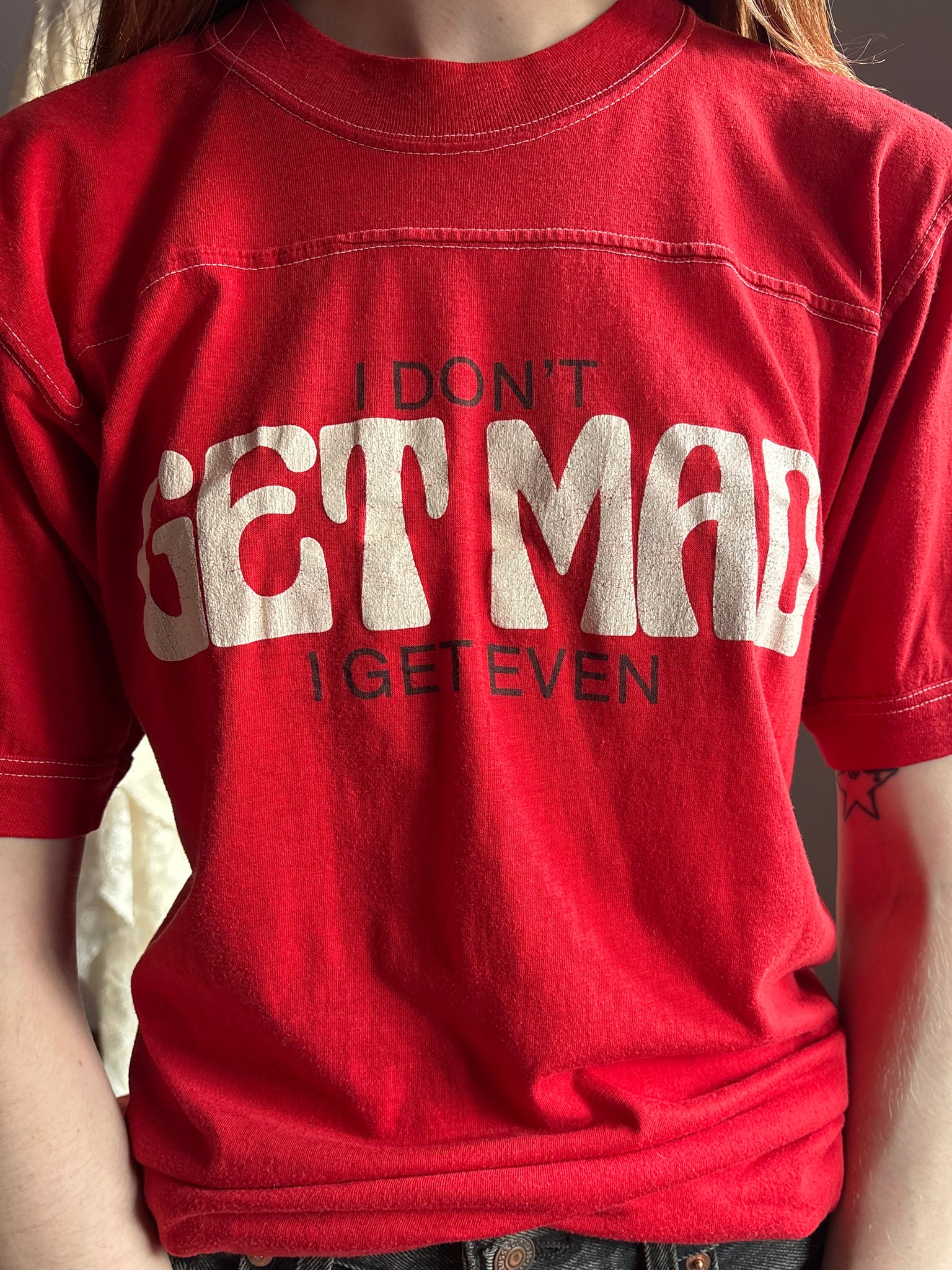 1970s “I don’t get mad I get even” T Shirt Tee Red