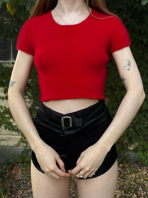 1980s Red Angora Fuzzy Knit Sweater Cropped Short Sleeve