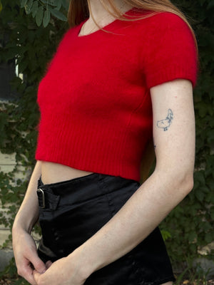 1980s Red Angora Fuzzy Knit Sweater Cropped Short Sleeve