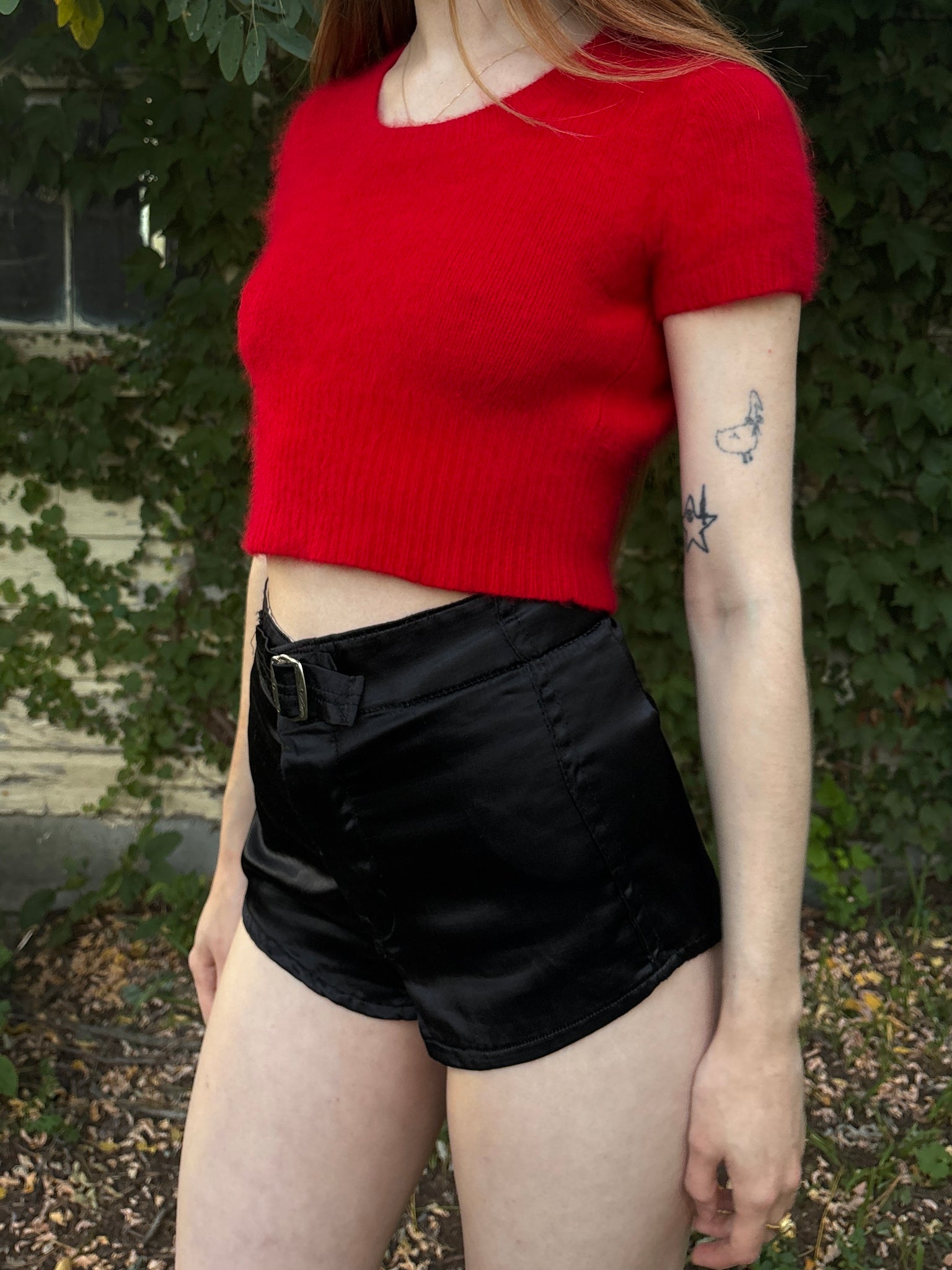 1980s Red Angora Fuzzy Knit Sweater Cropped Short Sleeve