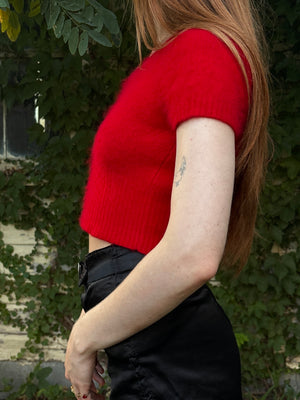 1980s Red Angora Fuzzy Knit Sweater Cropped Short Sleeve