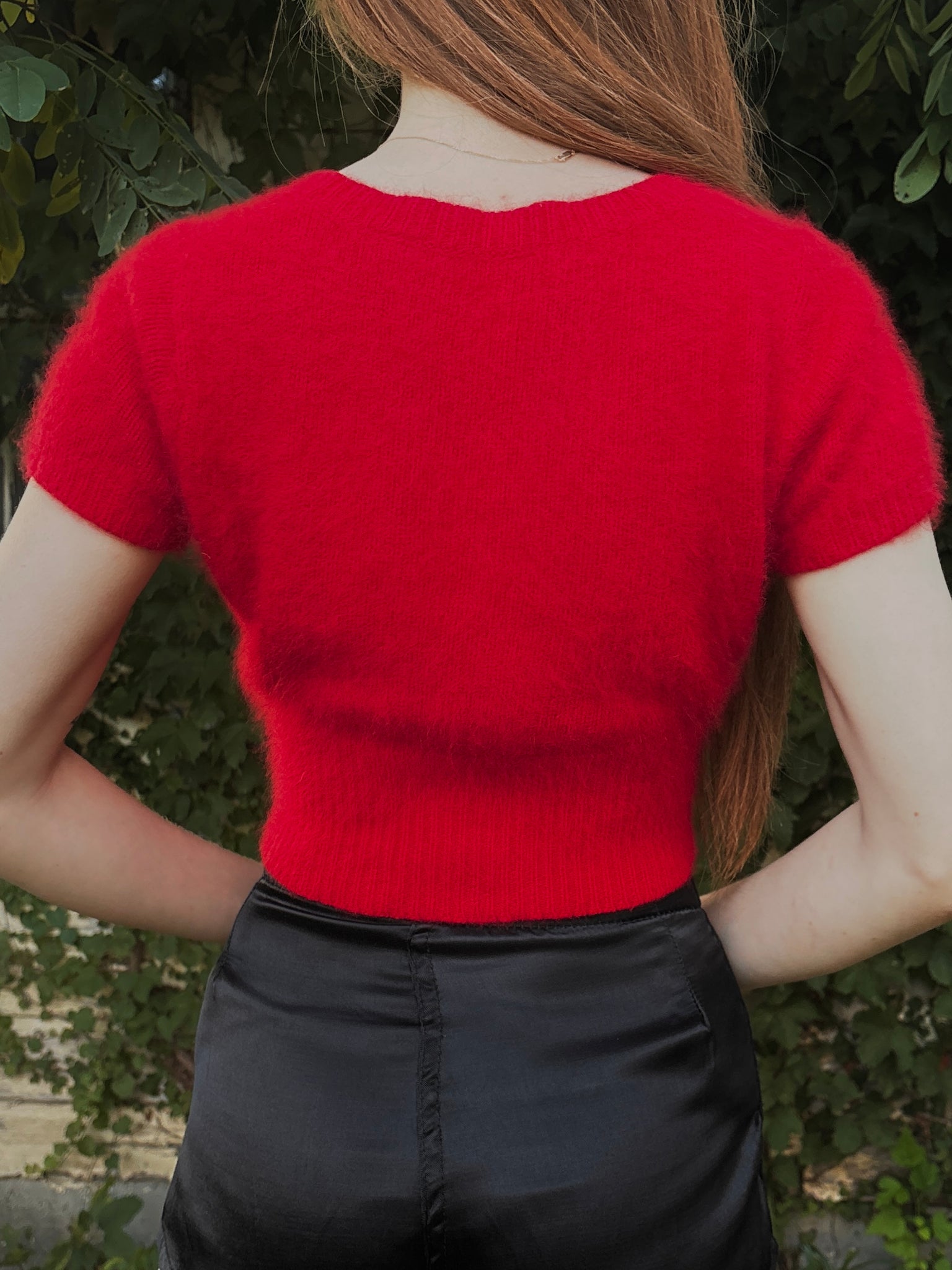 1980s Red Angora Fuzzy Knit Sweater Cropped Short Sleeve