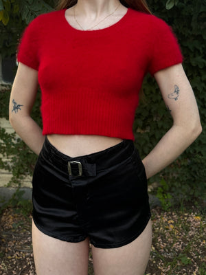 1980s Red Angora Fuzzy Knit Sweater Cropped Short Sleeve