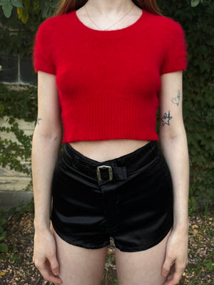 1980s Red Angora Fuzzy Knit Sweater Cropped Short Sleeve