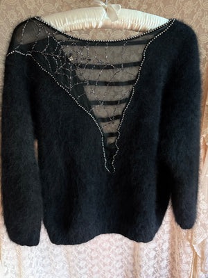 1980s Spiderweb Black Angora Fuzzy Knit Sweater Sheer Sparkle Rhinestone