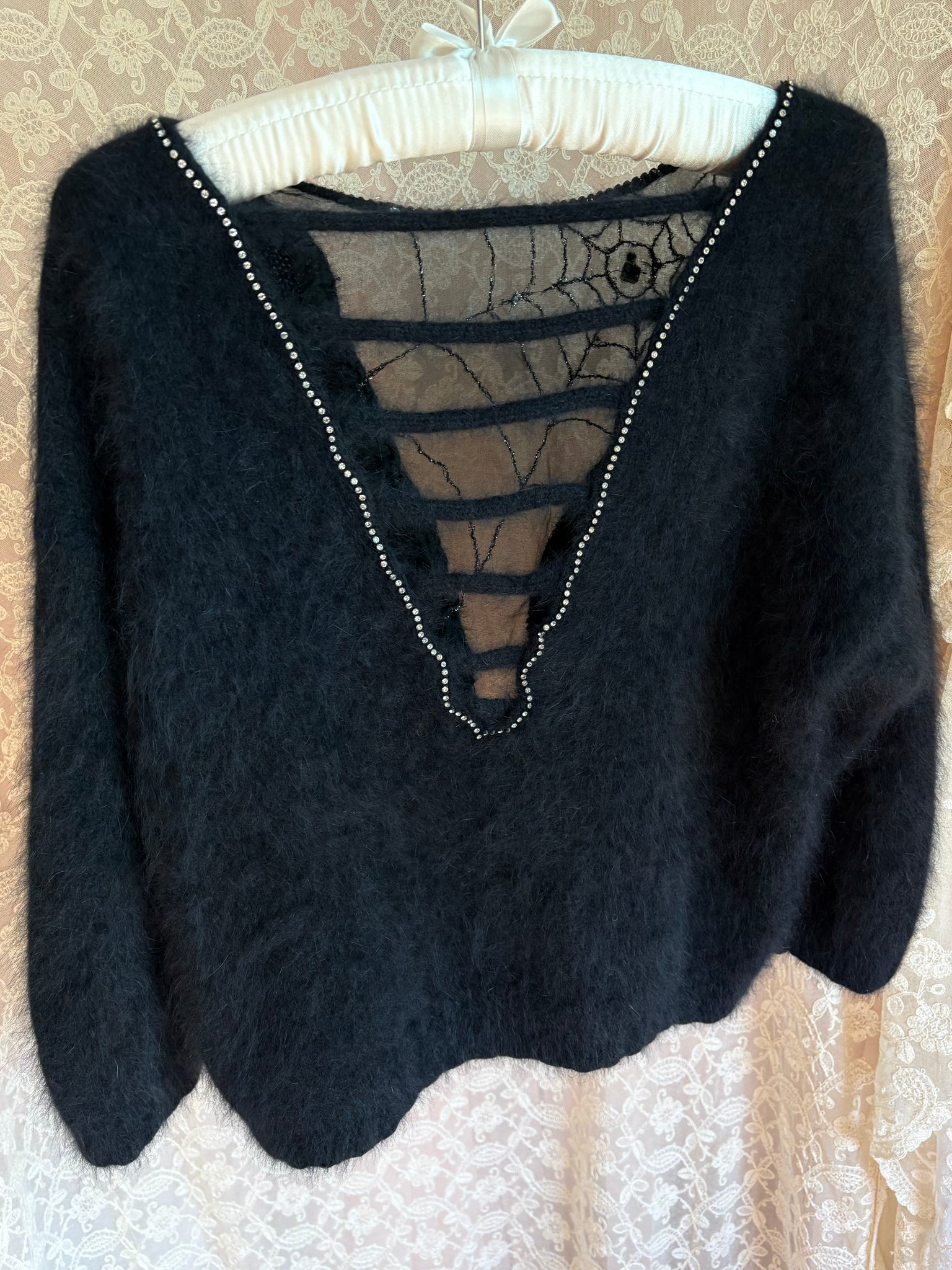 1980s Spiderweb Black Angora Fuzzy Knit Sweater Sheer Sparkle Rhinestone