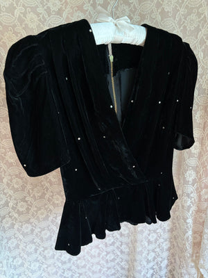 1940s Black Silk Velvet Glass Rhinestone Blouse Brass Zipper Puff Sleeve Top