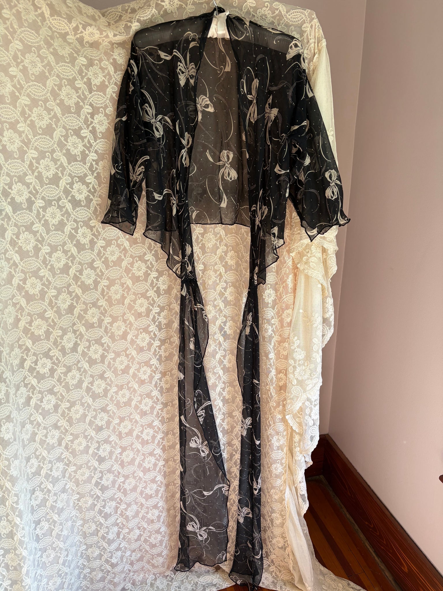 1990s Silk Chiffon Bow Print Wrap Blouse Black White