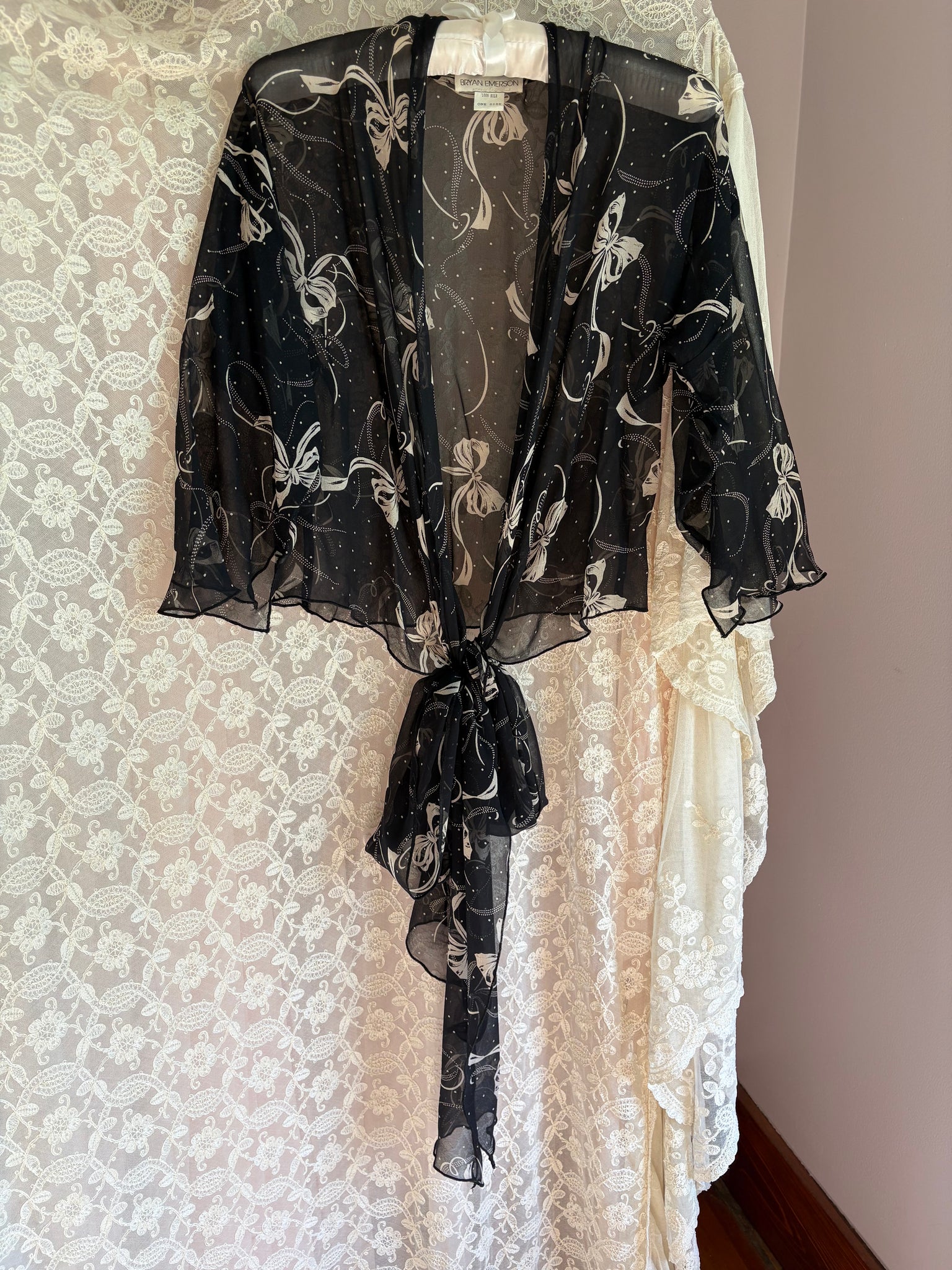 1990s Silk Chiffon Bow Print Wrap Blouse Black White