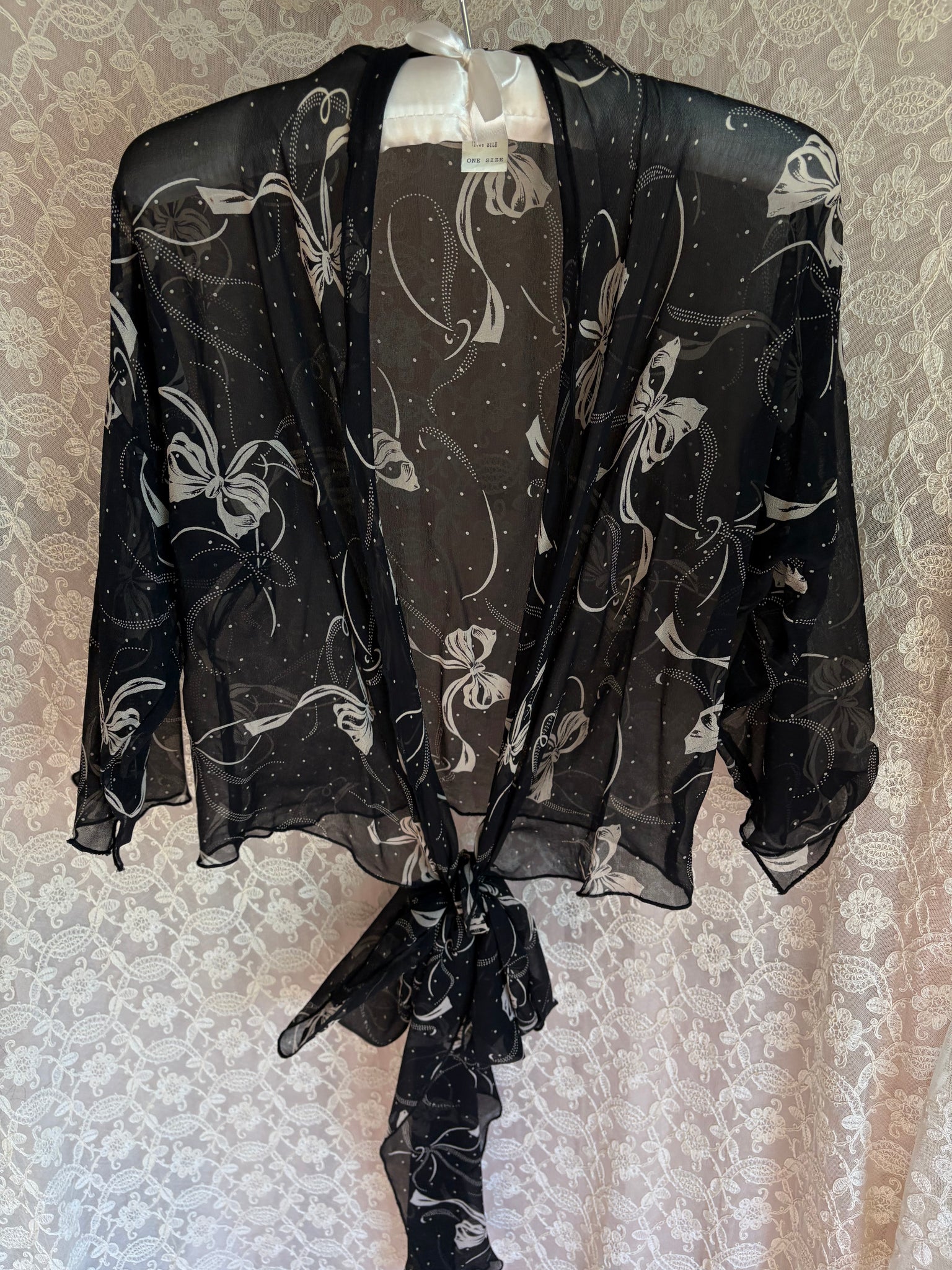 1990s Silk Chiffon Bow Print Wrap Blouse Black White