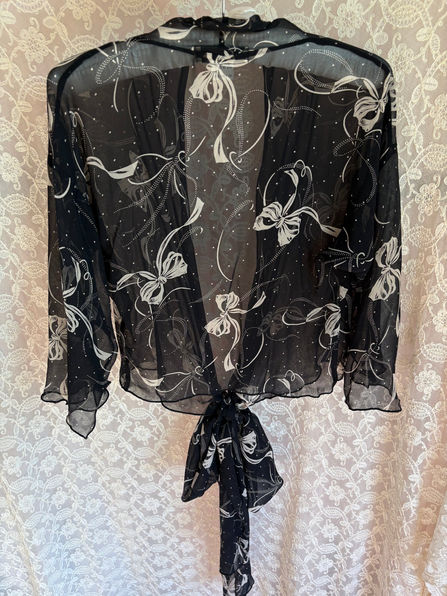 1990s Silk Chiffon Bow Print Wrap Blouse Black White