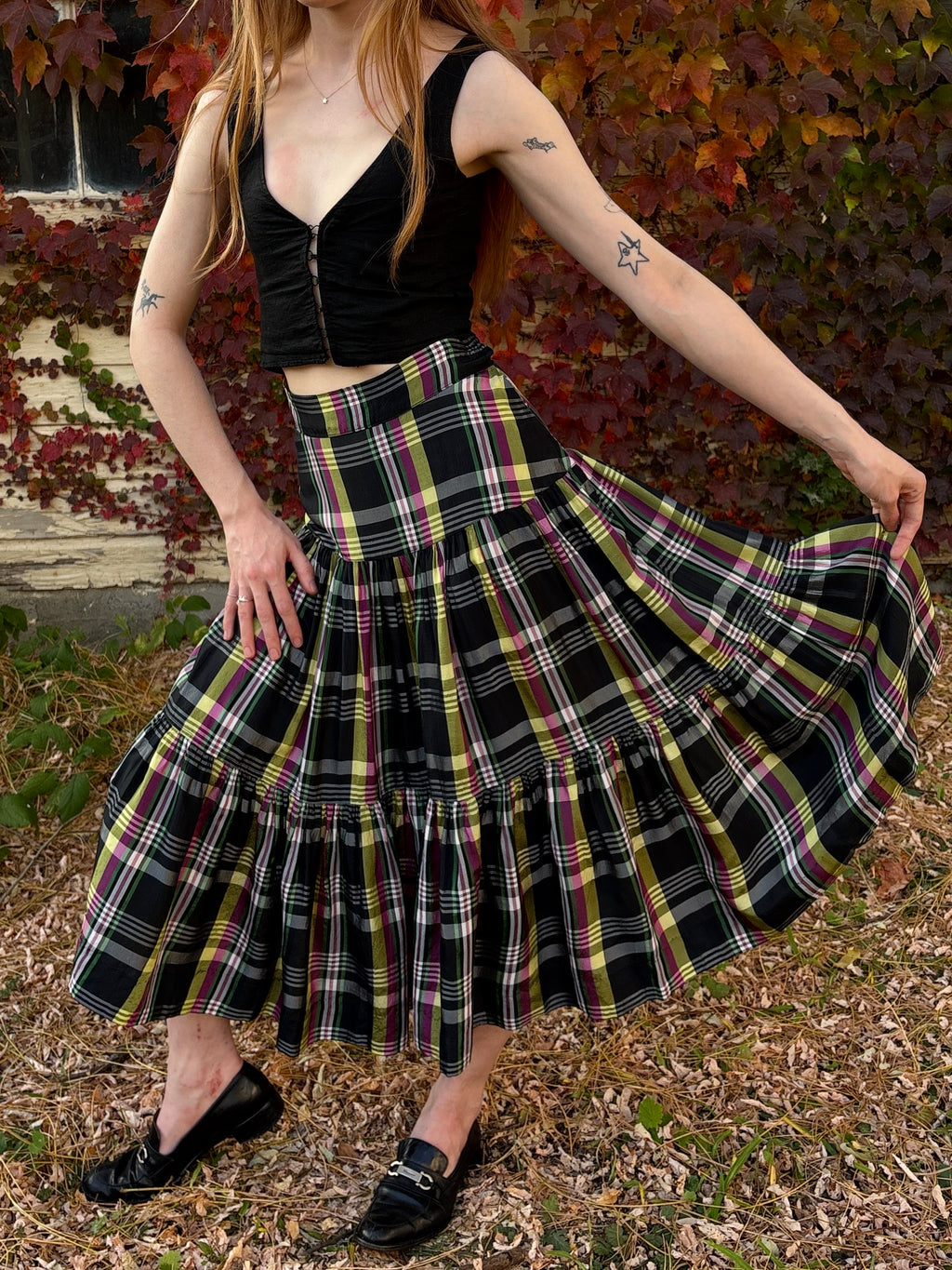 1940s Plaid Taffeta Skirt Black Purple Tiered