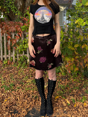 1990s Black Satin Purple Rose Floral Print Mini Skirt