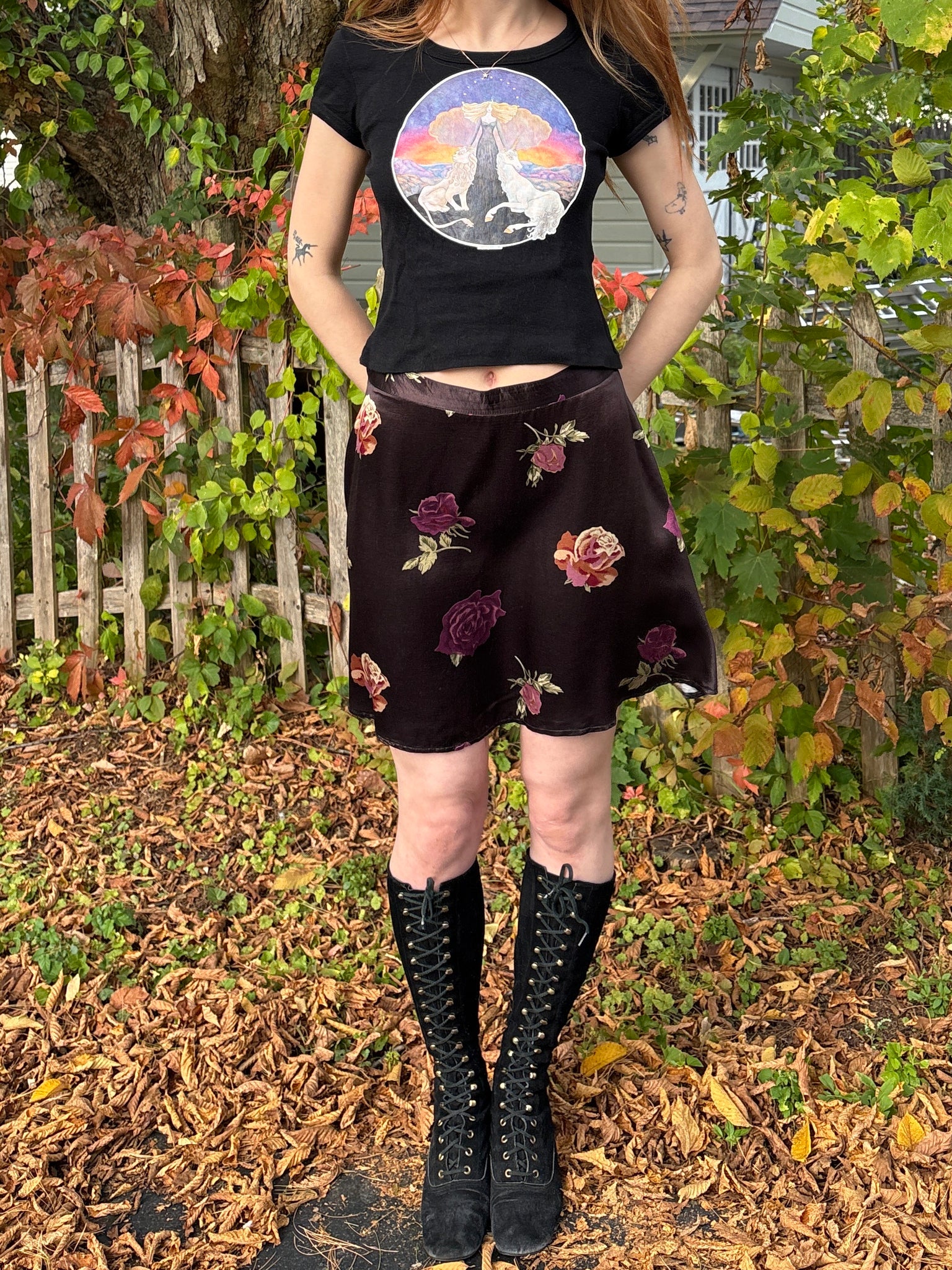 1990s Black Satin Purple Rose Floral Print Mini Skirt