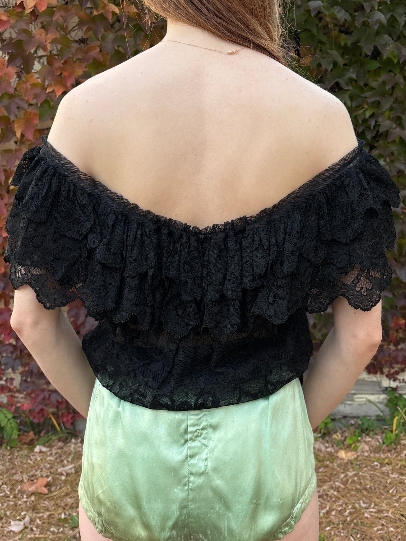 1970s Lace Black Blouse Ruffle Sleeves Peplum