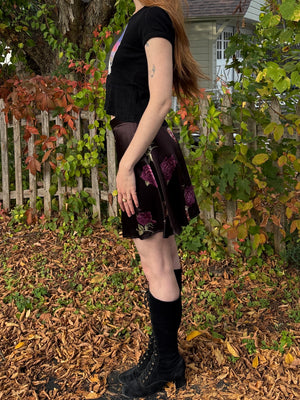 1990s Black Satin Purple Rose Floral Print Mini Skirt