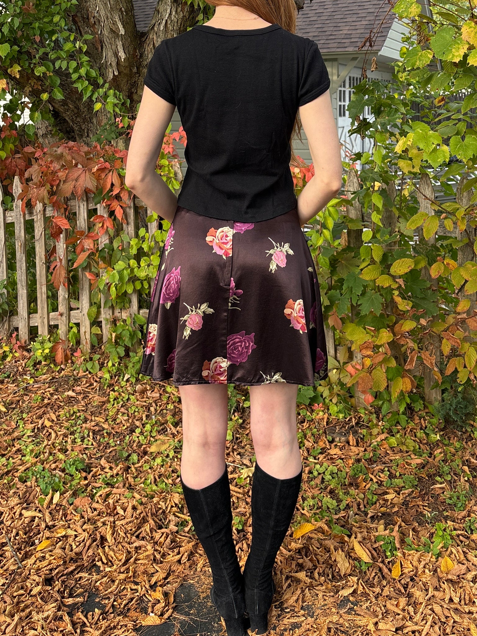 1990s Black Satin Purple Rose Floral Print Mini Skirt