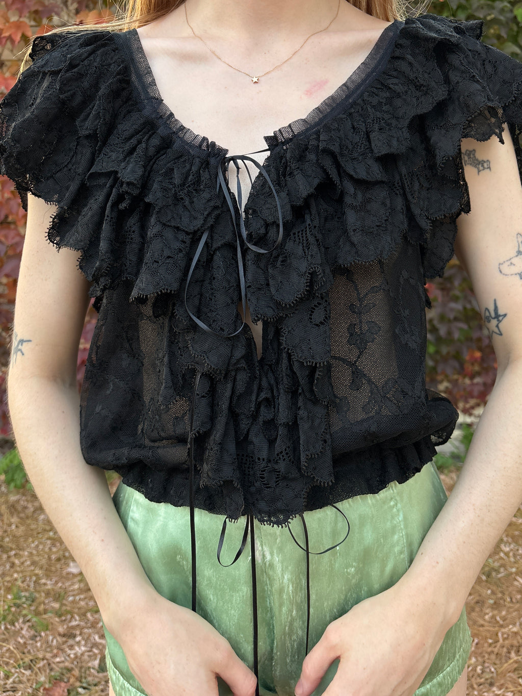 1970s Lace Black Blouse Ruffle Sleeves Peplum