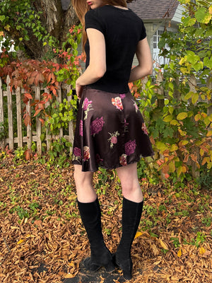 1990s Black Satin Purple Rose Floral Print Mini Skirt