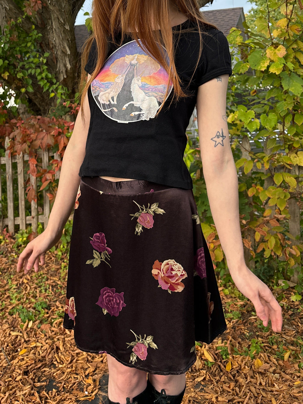 1990s Black Satin Purple Rose Floral Print Mini Skirt