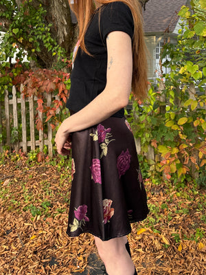 1990s Black Satin Purple Rose Floral Print Mini Skirt