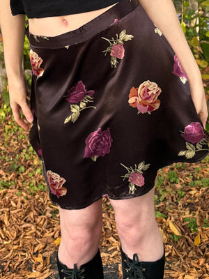 1990s Black Satin Purple Rose Floral Print Mini Skirt