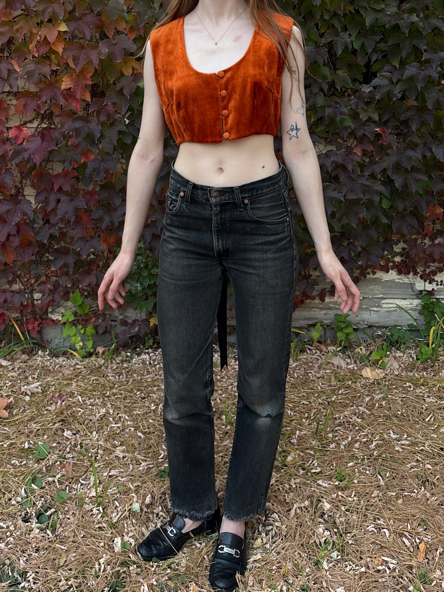 1970s Orange Velvet Button Up Crop Top