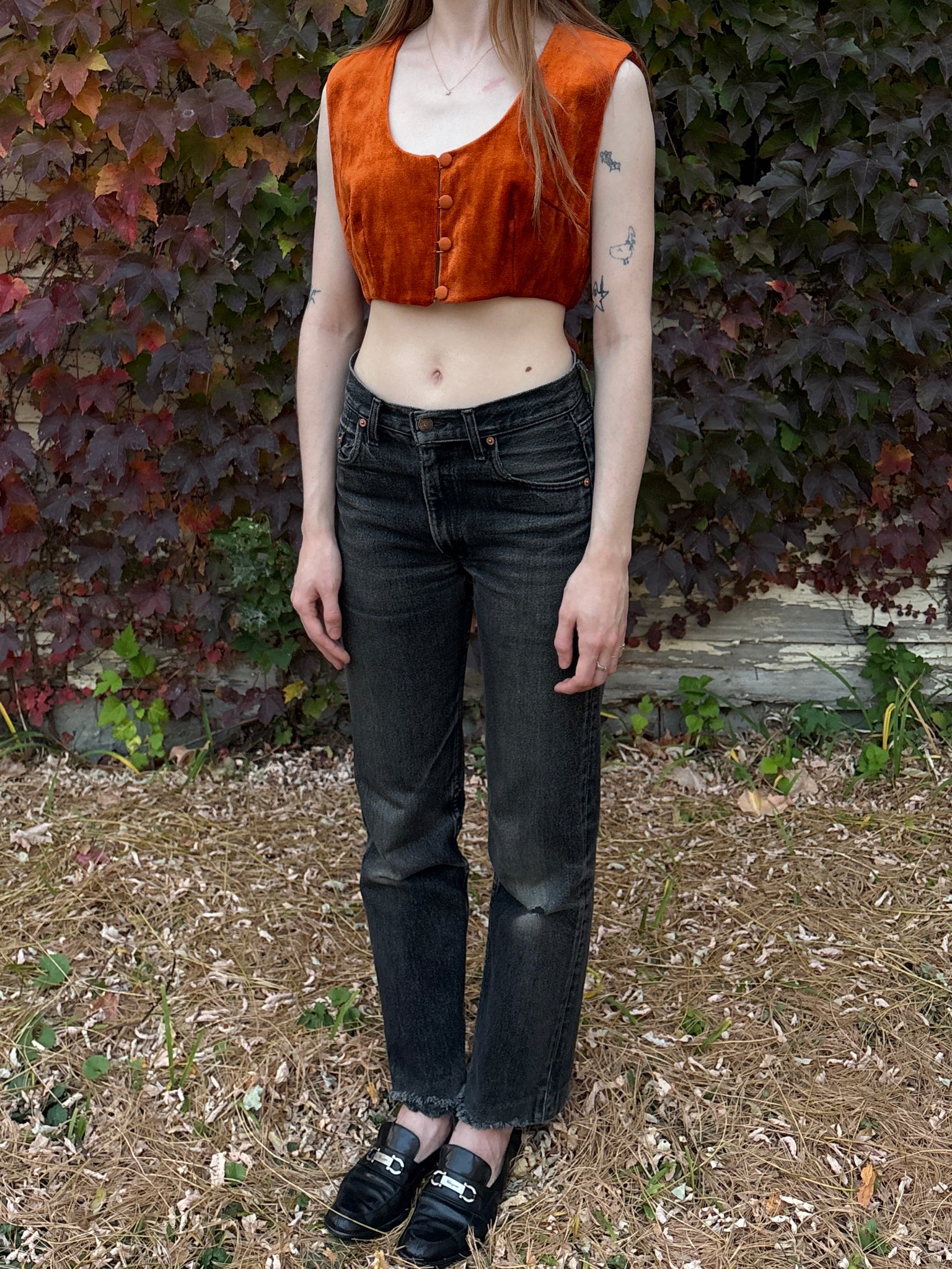 1970s Orange Velvet Button Up Crop Top