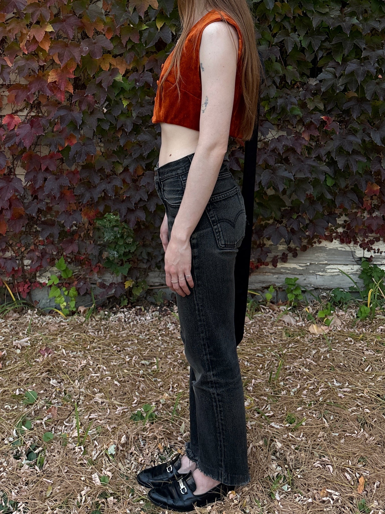 1970s Orange Velvet Button Up Crop Top