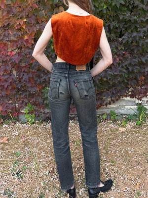 1970s Orange Velvet Button Up Crop Top