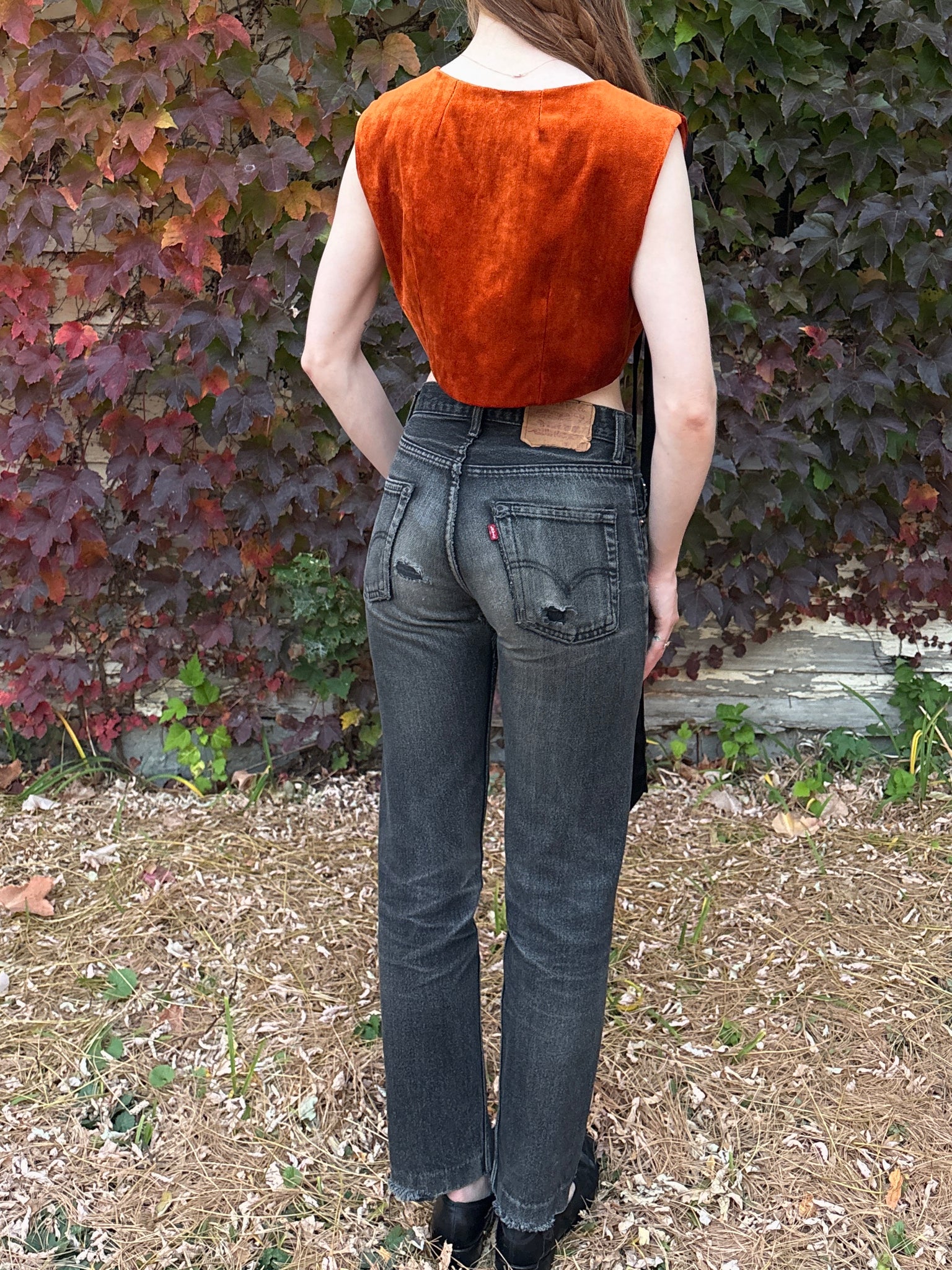 1970s Orange Velvet Button Up Crop Top