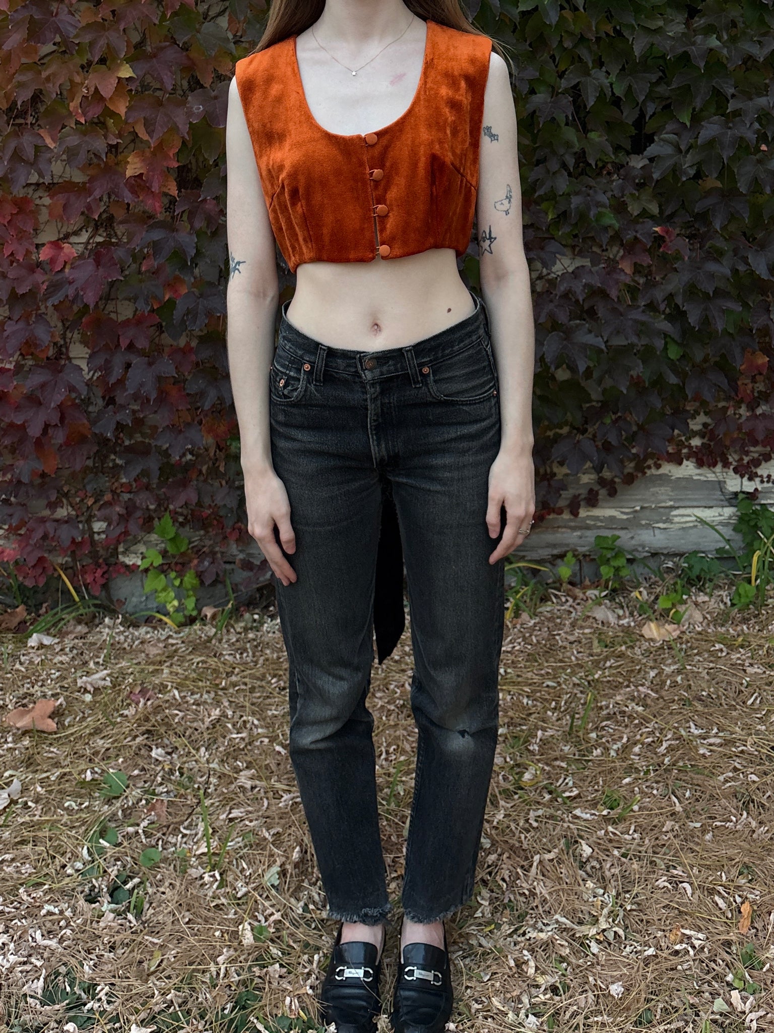 1970s Orange Velvet Button Up Crop Top