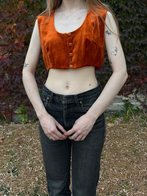 1970s Orange Velvet Button Up Crop Top