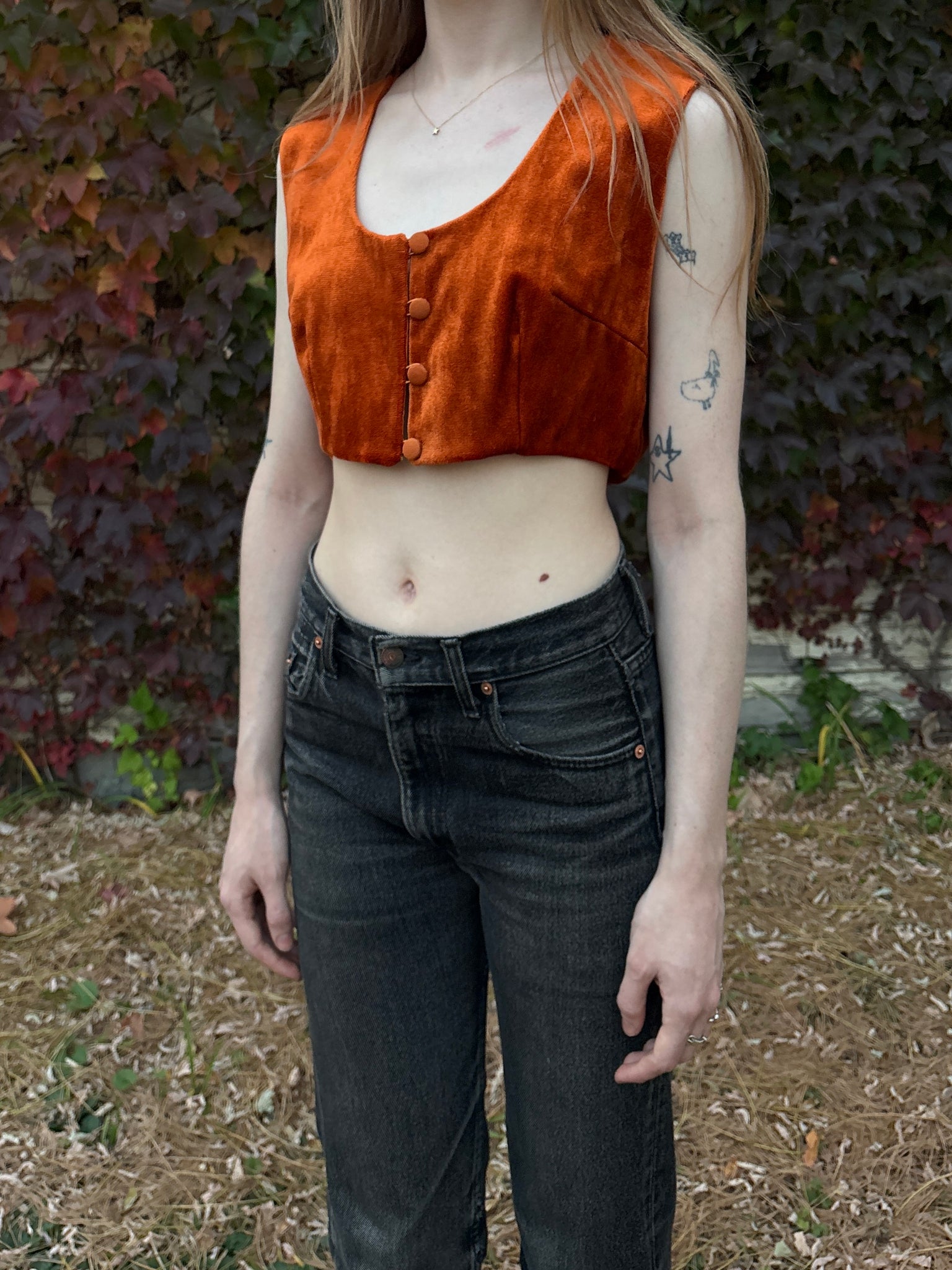 1970s Orange Velvet Button Up Crop Top