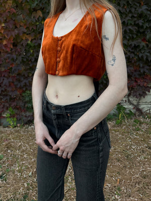 1970s Orange Velvet Button Up Crop Top