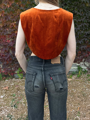 1970s Orange Velvet Button Up Crop Top