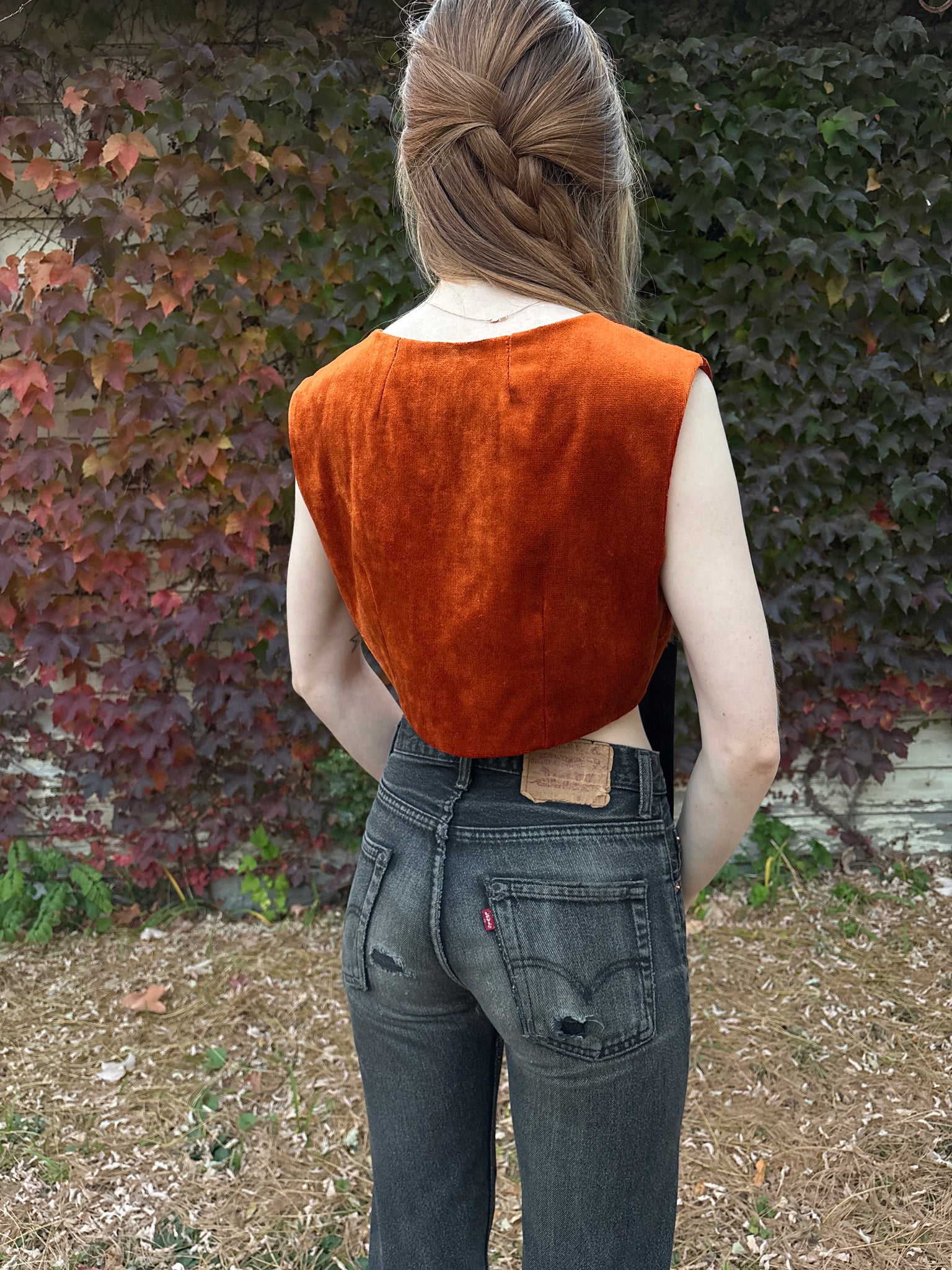 1970s Orange Velvet Button Up Crop Top