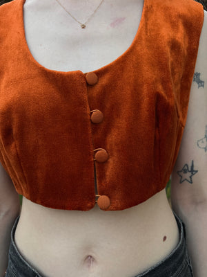 1970s Orange Velvet Button Up Crop Top