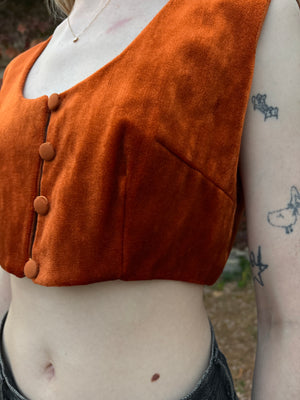 1970s Orange Velvet Button Up Crop Top