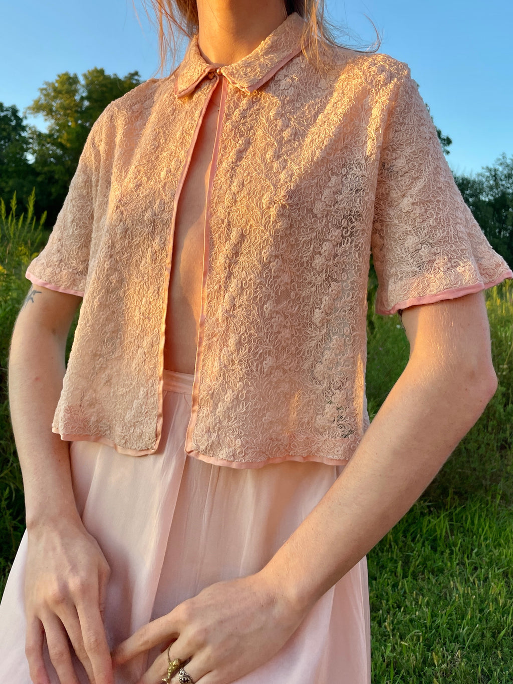 1930s Tambour Lace Bed Jacket Blouse Pink Ribbon Short Sleeve