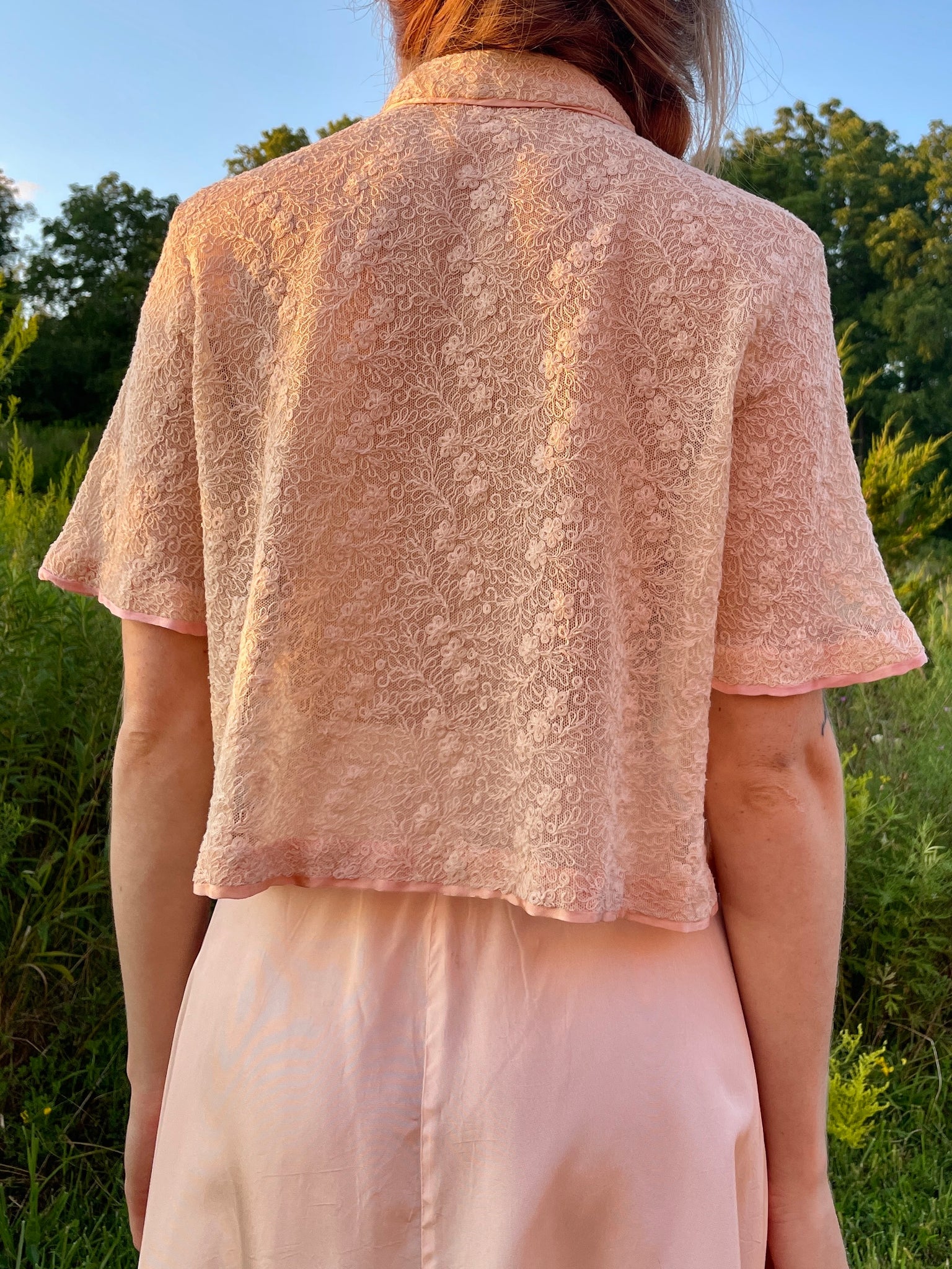 1930s Tambour Lace Bed Jacket Blouse Pink Ribbon Short Sleeve