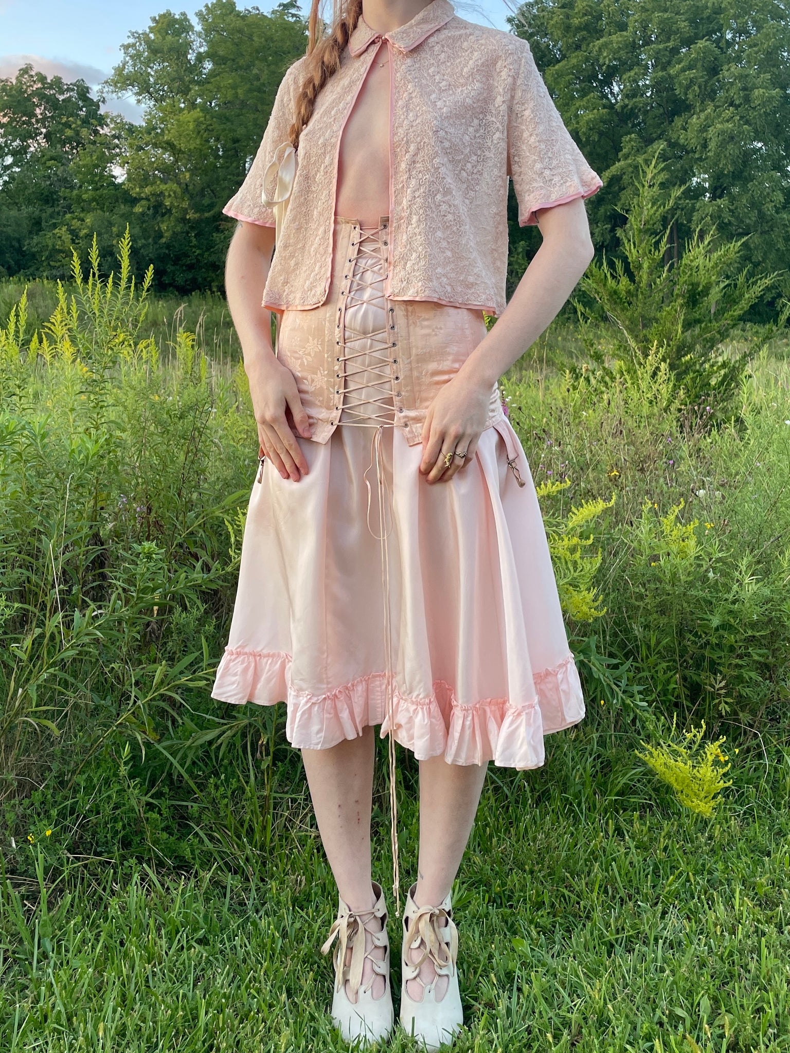 1940s Pale Pink Brocade Floral Rayon Corset