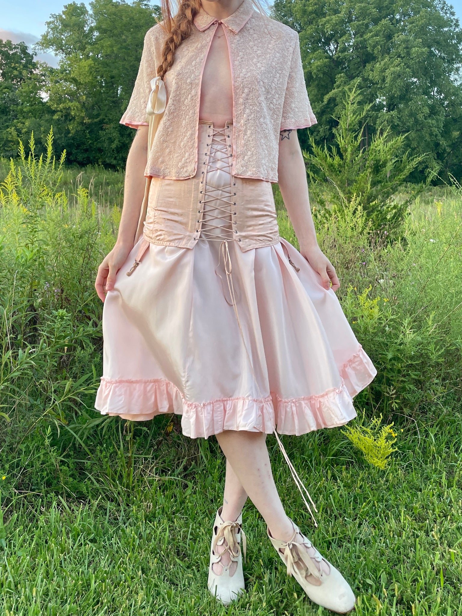 1930s Tambour Lace Bed Jacket Blouse Pink Ribbon Short Sleeve