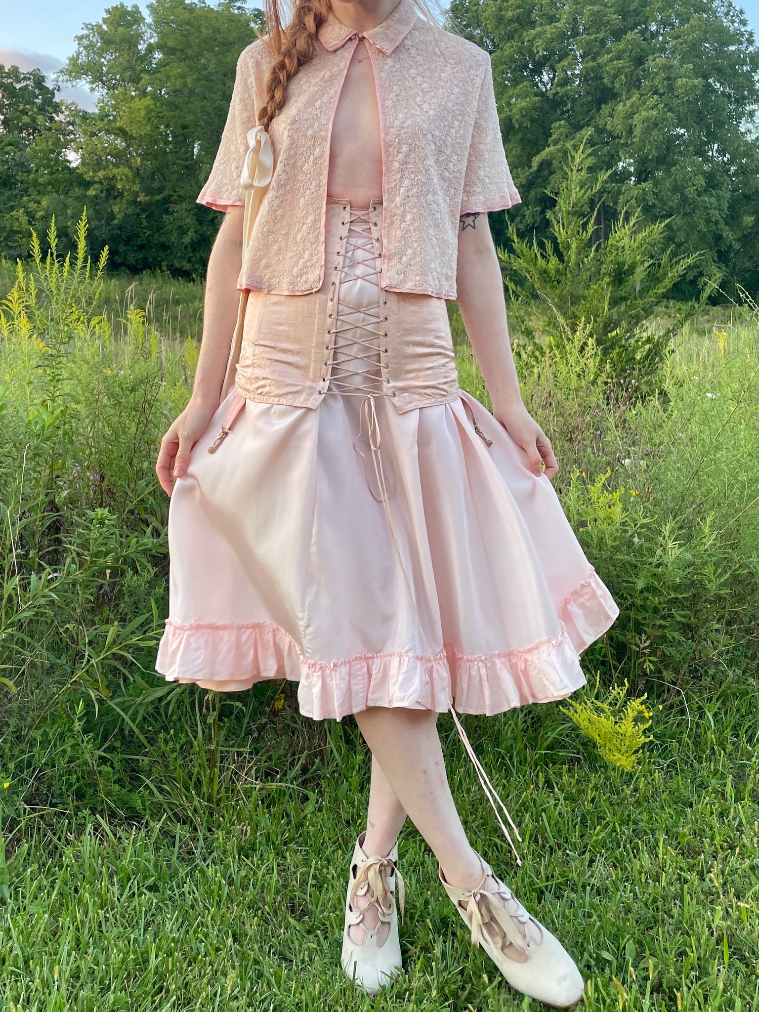 1940s Pale Pink Brocade Floral Rayon Corset