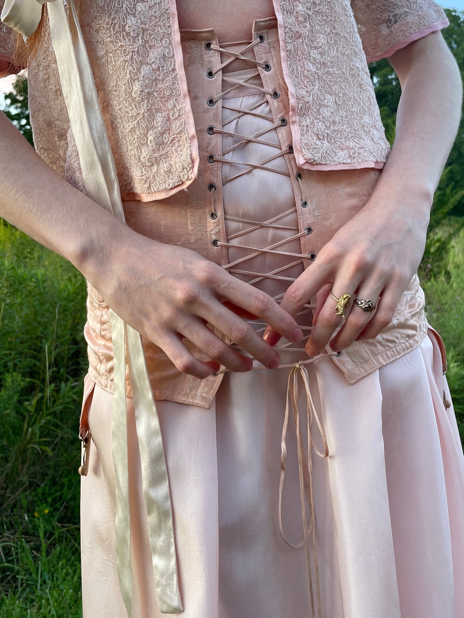 1940s Pale Pink Brocade Floral Rayon Corset