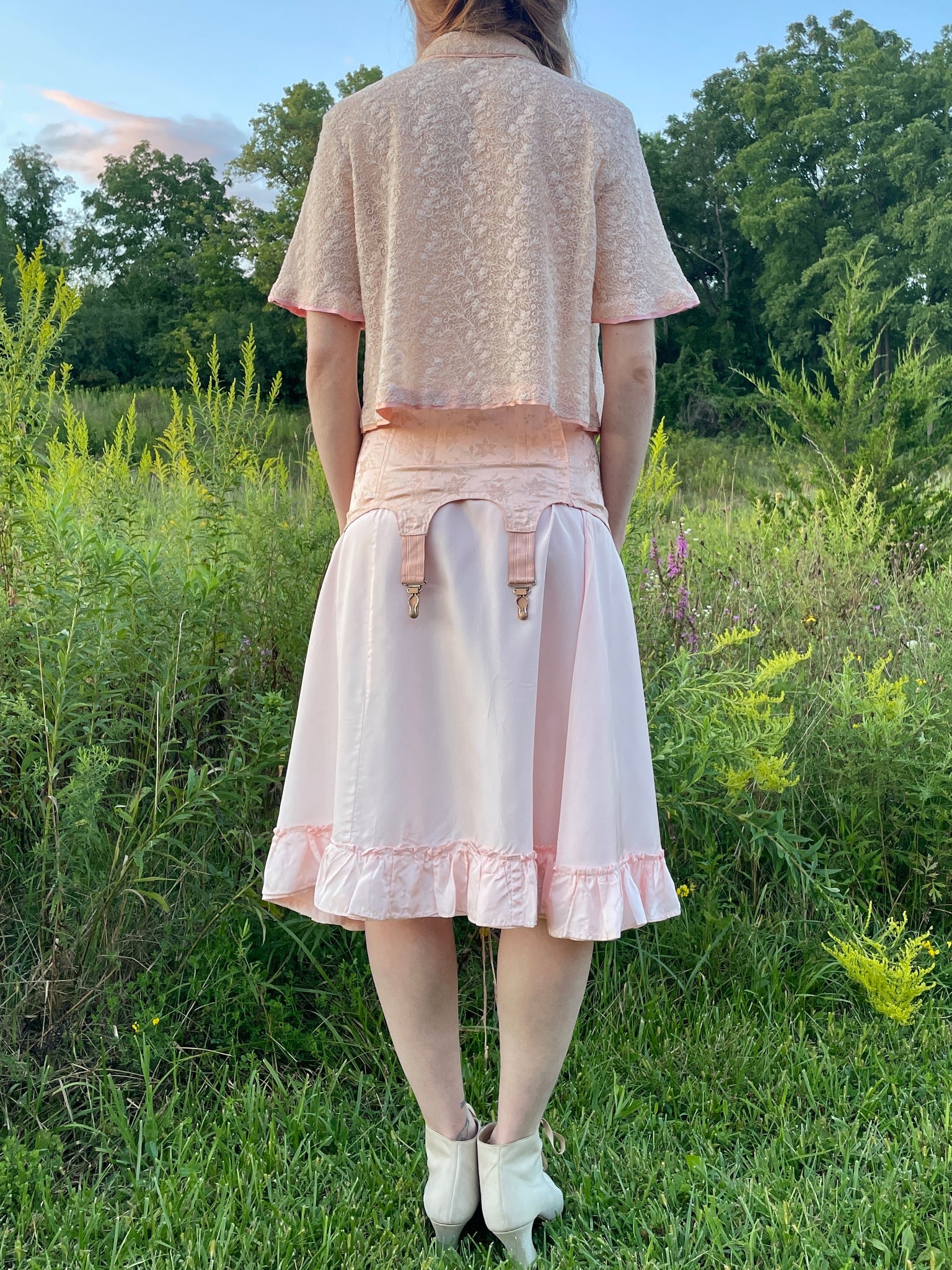 1940s Pale Pink Brocade Floral Rayon Corset