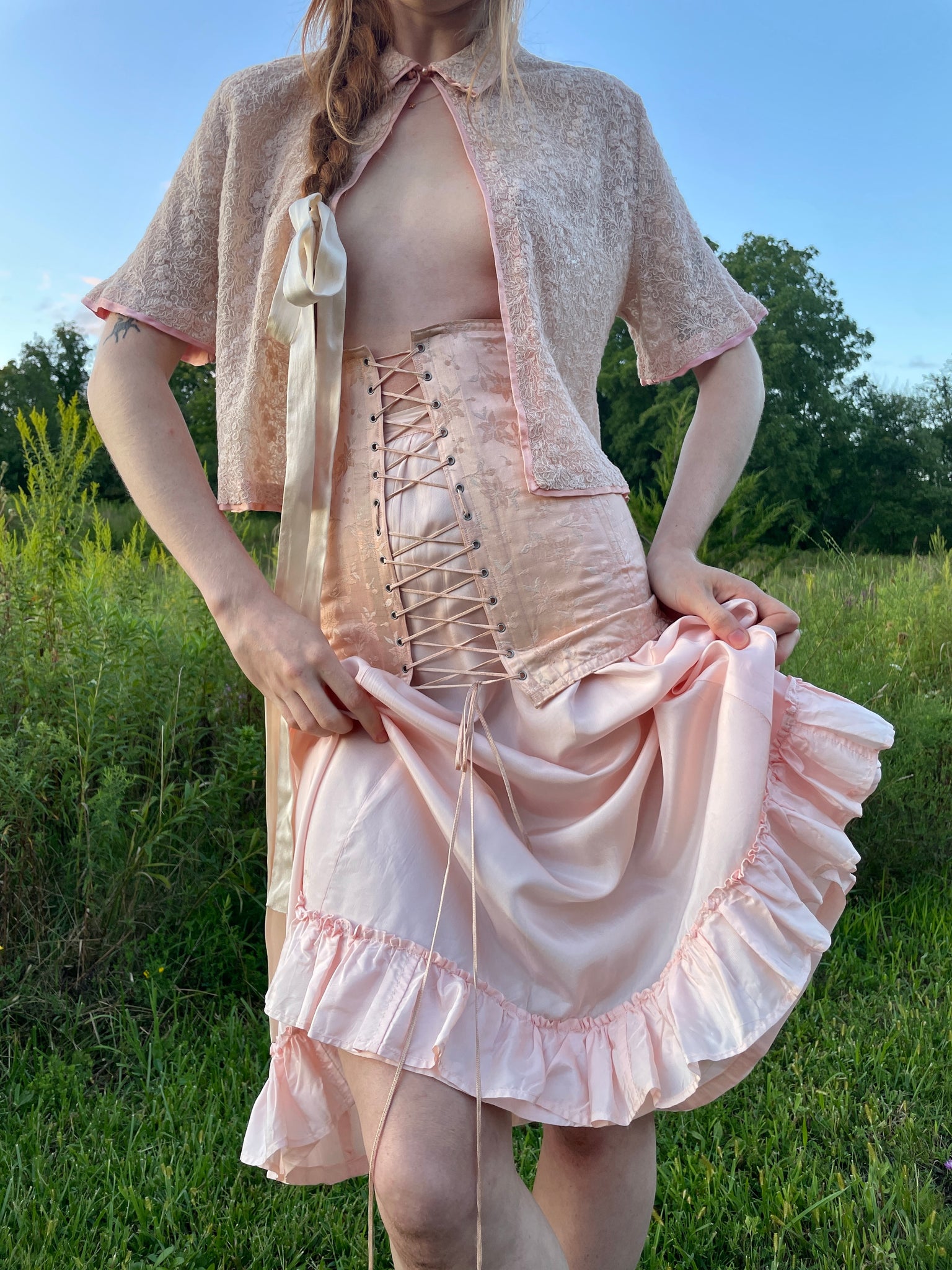 1940s Pale Pink Brocade Floral Rayon Corset