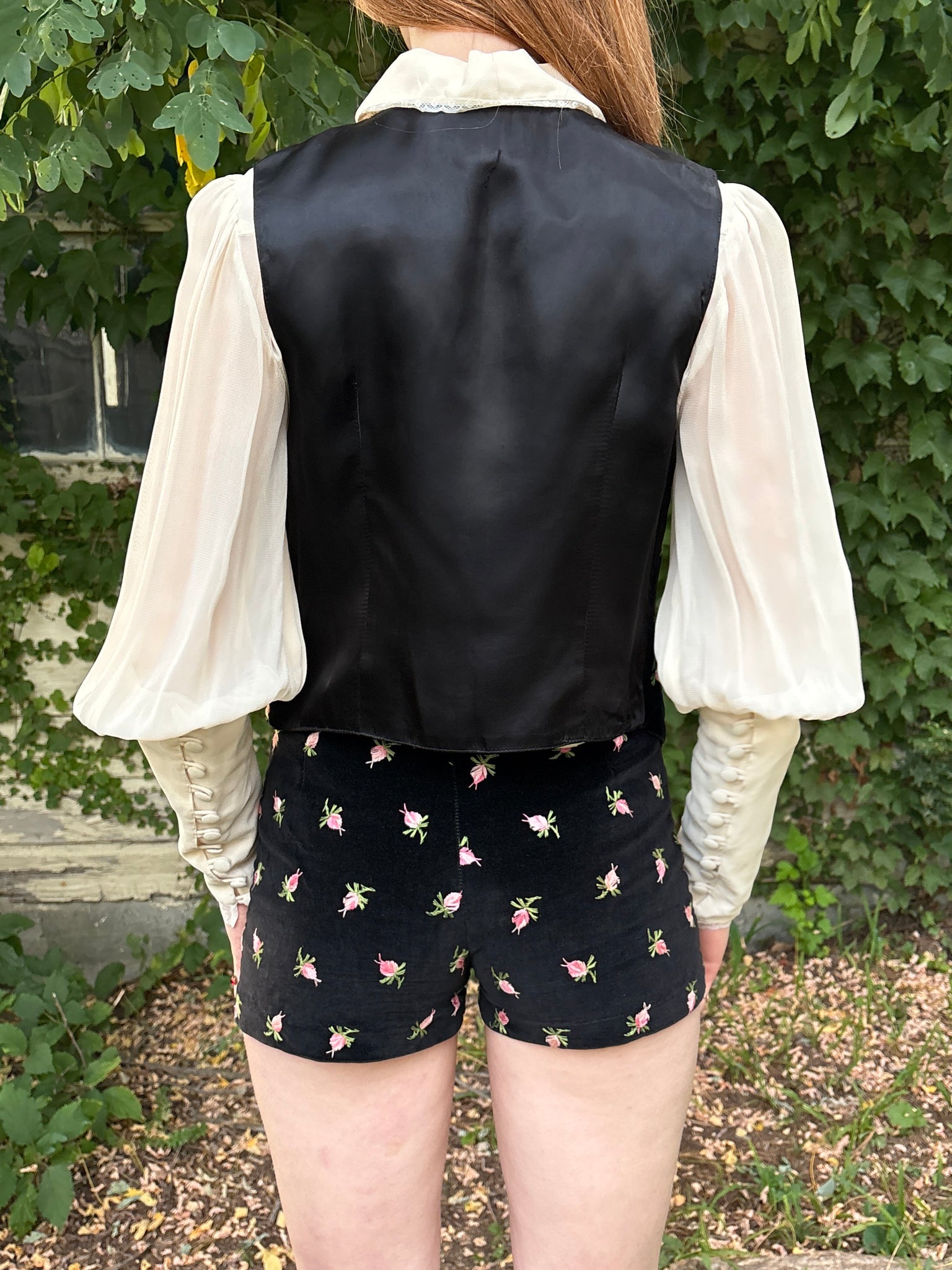 1970s Black Velvet Rose Embroidered Floral Pink Shorts Vest Pants Suit Set Three Piece