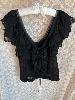 1970s Lace Black Blouse Ruffle Sleeves Peplum